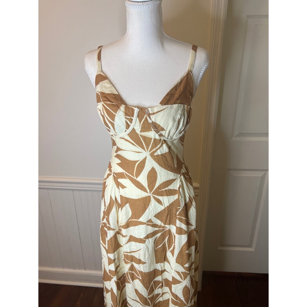 Lulus Tropical Leaf Print Bustier Midi Dress Tan‎ Cream Linen Blend Summer S - Picture 7 of 14